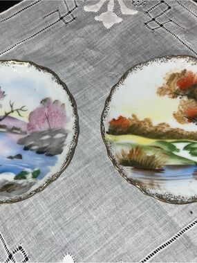Vintage Hand-Painted Japanese Porcelain Hanging Plates - Set of 2, Gold Trim